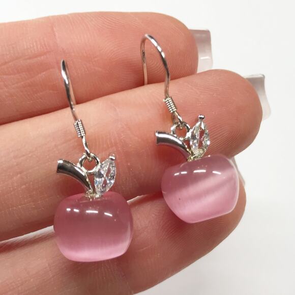 Vintage Jewelry - Cute 925 Sterling Silver Pink Cats Eye Apple Drop Dangle Earrings Teacher Gift